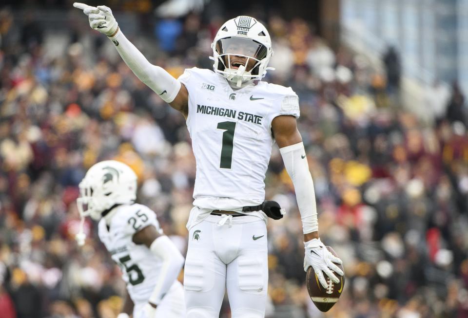 Jaden Mangham of the Michigan State Spartans celebrates after recovering a fumble in the first quarter against the Minnesota Golden Gophers at Huntington Bank Stadium on October 28, 2023 in Minneapolis, Minnesota.