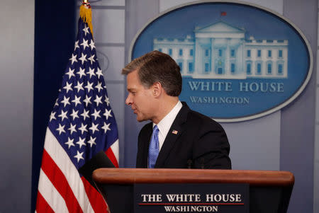 FBI Director Christopher Wray leaves the podium after addressing a briefing on election security in the White House press briefing room at the White House in Washington, U.S., August 2, 2018. REUTERS/Carlos Barria