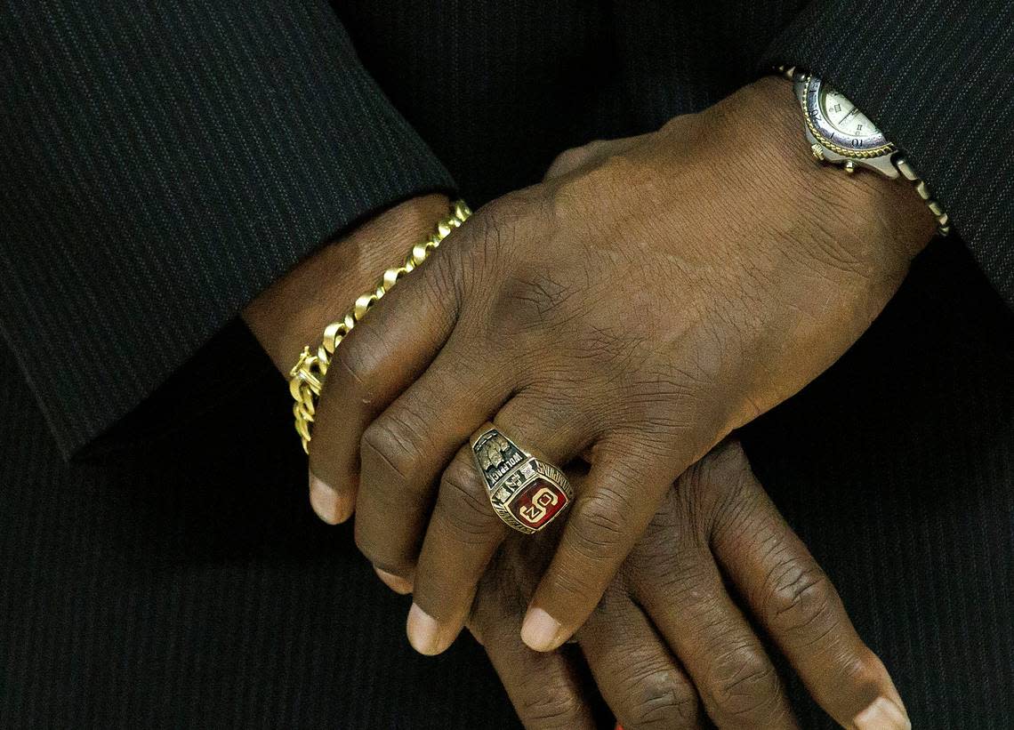 David Thompson wears a national championship ring as members of the N.C. State men’s basketball 1974 national championship team are honored during a halftime ceremony on Saturday, Feb. 24, 2024, at PNC Arena in Raleigh, N.C.