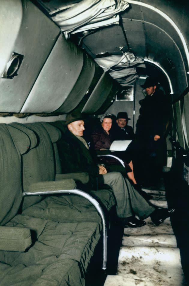 The interior of a Lancastrian, converted to the first Qantas in-flight beds.