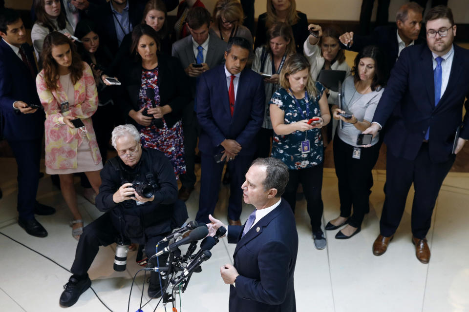 Rep. Adam Schiff, D-Calif., chairman of the House Intelligence Committee, speaks with reporters about a whistleblower complaint Thursday, Sept. 19, 2019, on Capitol Hill in Washington. Schiff says he cannot confirm a press report that said a whistleblower’s complaint concerned a promise President Donald Trump made on a phone call to a foreign leader. (AP Photo/Patrick Semansky)