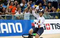 Cycling - UCI Track World Championships - Women's Sprint, Final - Hong Kong, China - 14/4/17 - Germany's Kristina Vogel celebrates after winning gold. REUTERS/Bobby Yip