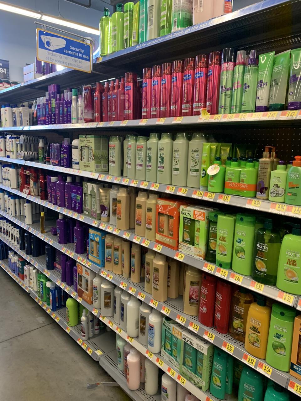 Photo shows white hair products on Walmart shelf 