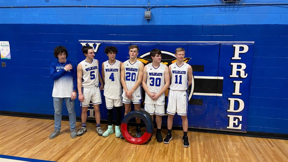 Pictured (From camera left to right): Seniors Xavier Hodos; (5) Gunnar Leggett; (4) Blade Gore; (20) Kaleb Spahr; (30) Eli Brown and (11) Blake Clement. They pose with the Flat Tire Trophy.