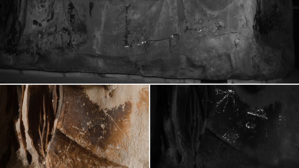 The researchers found traces of paint on 11 sculptures. Within the statue of Dione and Aphrodite, the forming of flower petals was found (bottom right). - The Trustees of the British Museum