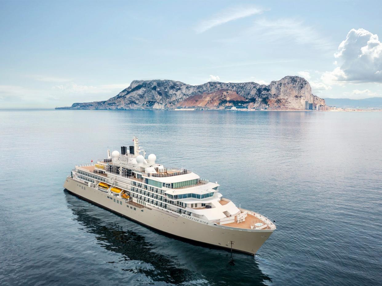 The Silver Endeavour cruise ship sailing past land.