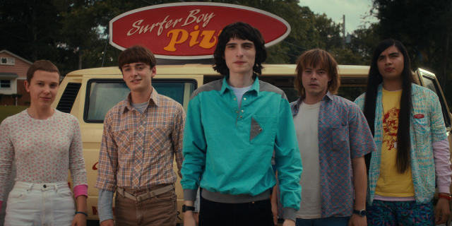 Millie Bobby Brown as Eleven, Noah Schnapp as Will Byers, Finn Wolfhard as Mike Wheeler, Charlie Heaton as Jonathan Byers, and Eduardo Franco as Argyle in Stranger Things.