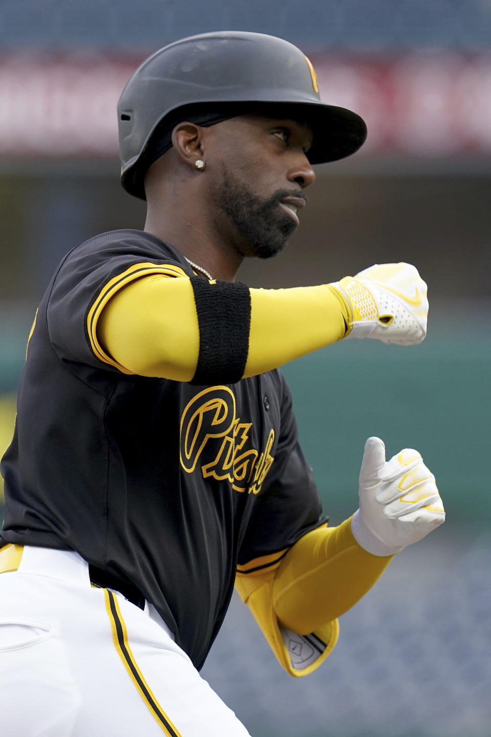 Pittsburgh Pirates' Andrew McCutchen runs the bases after hitting a home run against the Milwaukee Brewers during the first inning of a baseball game Tuesday, April 23, 2024, in Pittsburgh. (AP Photo/Matt Freed)