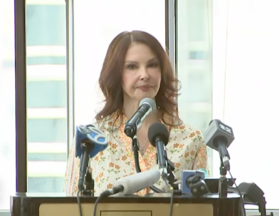 Ashley Judd, pictured speaking at a Thursday press conference. She accused Harvey Weinstein of sexual harassment (PBS NewsHour)