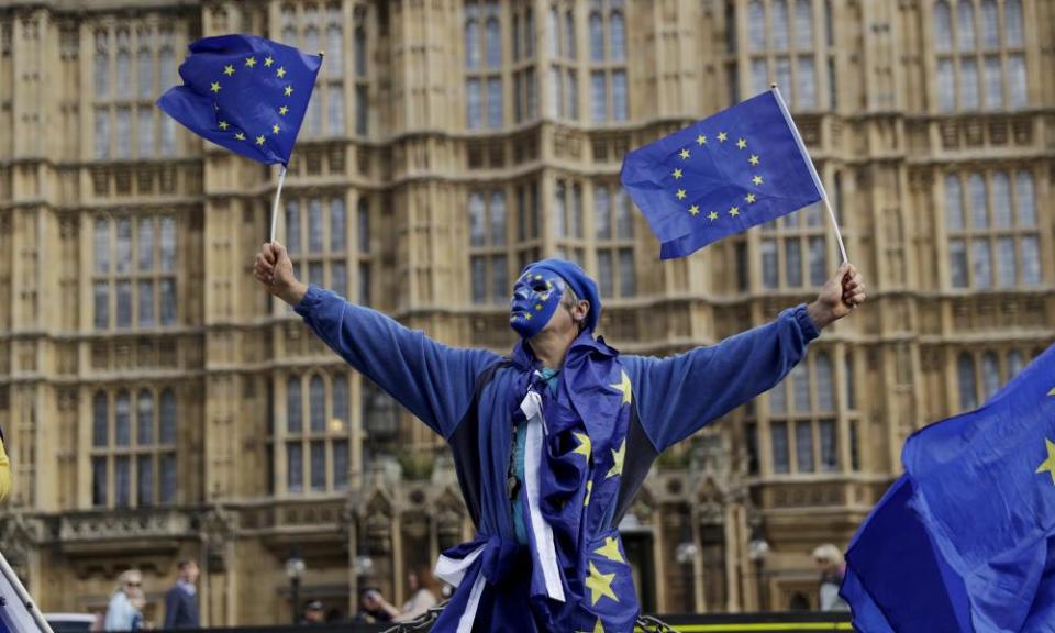 An anti-Brexit protester outside parliament