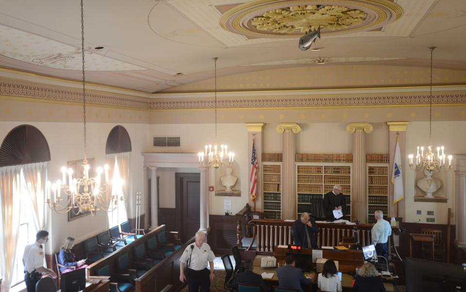 In Barnstable Superior Courthouse, Judge Mark Gildea presides over the trial of Alvys Marino, of Hyannis, who was charged with raping his then-wife. On Thursday. Gildea sentenced Marino to up to eight years in prison following his conviction June 22 on four counts of rape and other charges.