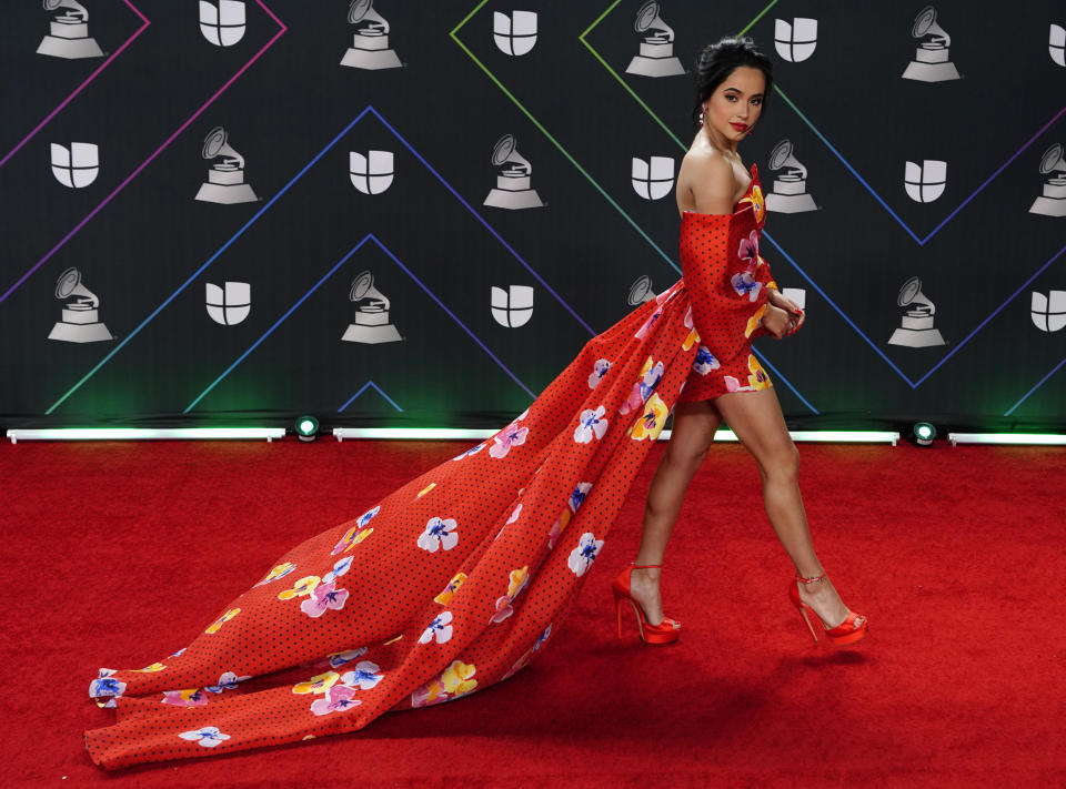 FILE - Becky G arrives at the 22nd annual Latin Grammy Awards on Thursday, Nov. 18, 2021, in Las Vegas. The singer turns 26 on March 2. (Photo by Eric Jamison/Invision/AP, File)