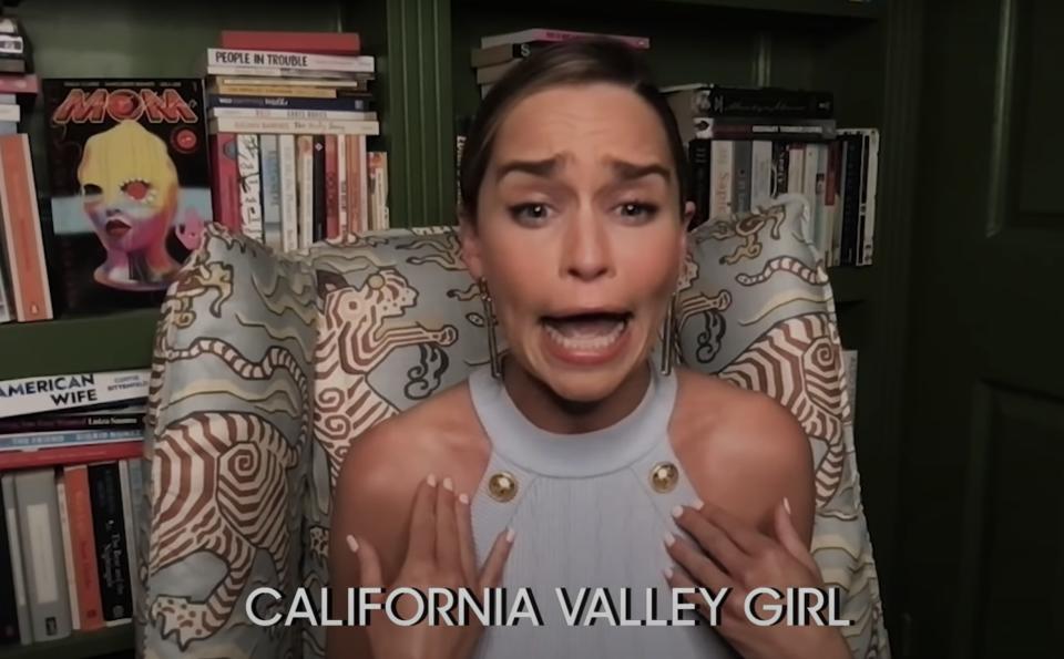 Emilia makes a funny face while imitating a Californian