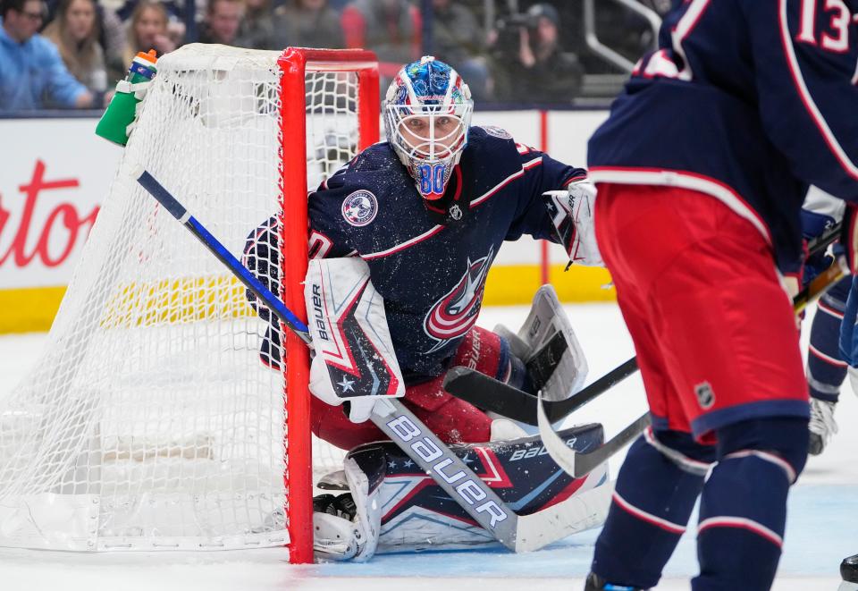 Columbus Blue Jackets goaltender Elvis Merzlikins (90) mans the net during the second period of the NHL game against the Tampa Bay Lightning at Nationwide Arena in Columbus on April 28, 2022.