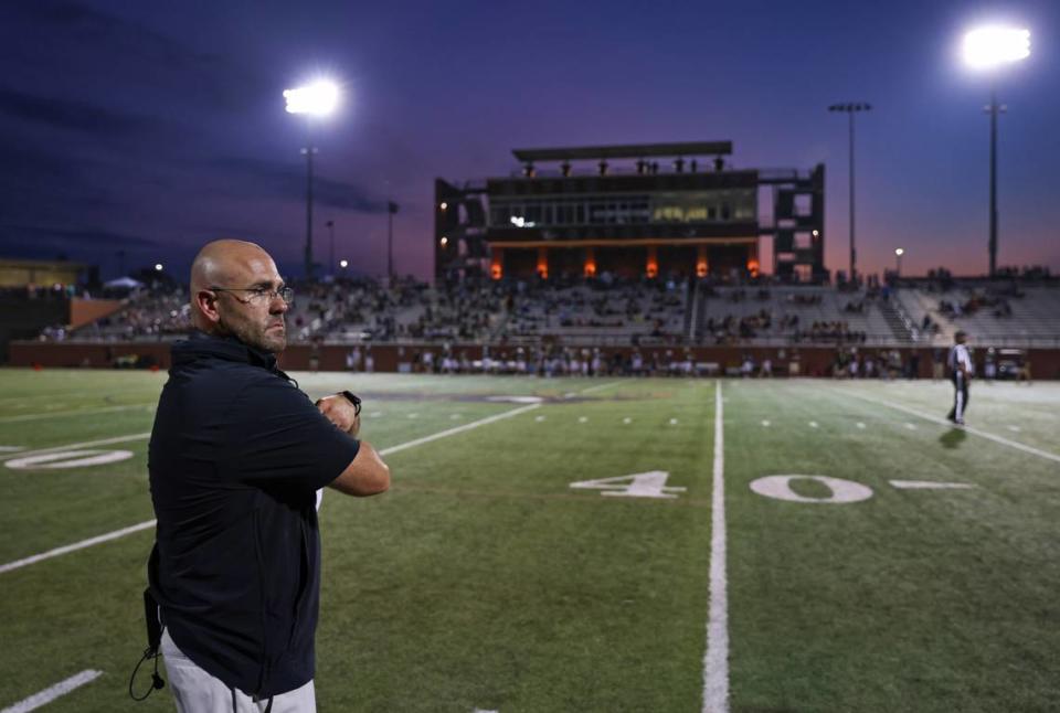 Lexington head coach Dustin Curtis walks the sideline Friday during the Lexington 1 Sports-A-Rama Jamboree at River Bluff High School. Sam Wolfe/Special To The State