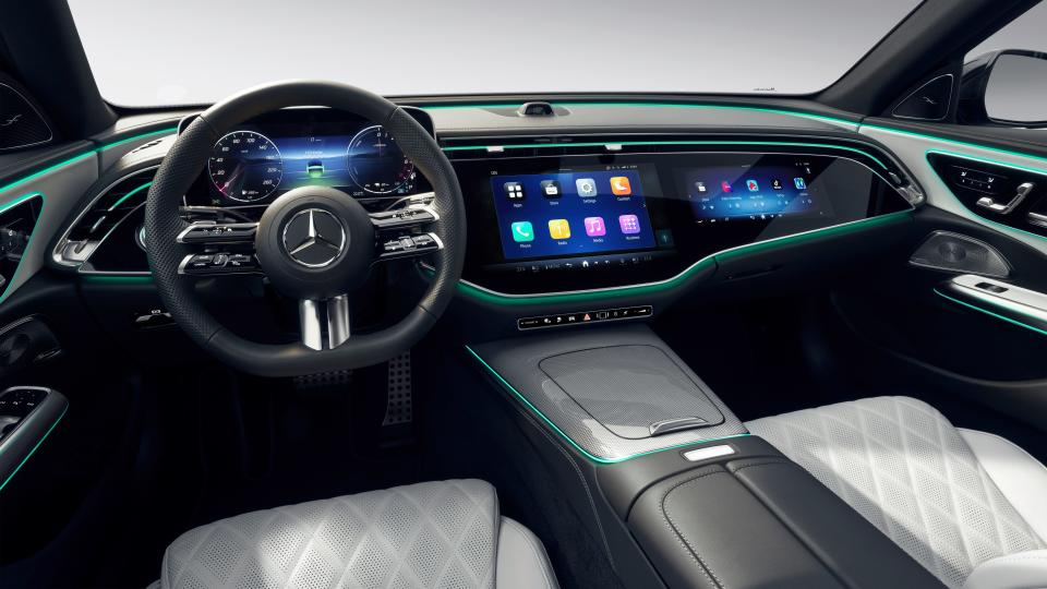 Mercedes Benz 2024 E-class interior shows expanded touchscreen and selfie camera