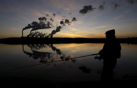 A man fishes in an artificial lake outside Belchatow Power Station, Europe's largest coal-fired power plant, October 31, 2013. REUTERS/Kacper Pempel/Files