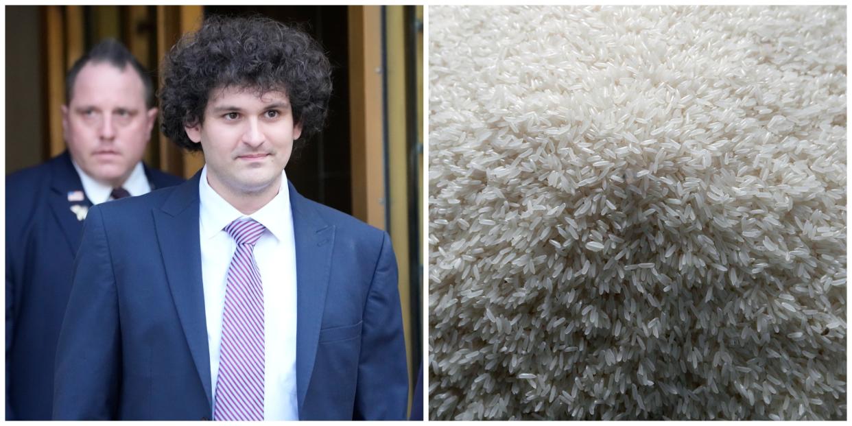 Left: Sam Bankman-Fried in a blue suit with red striped tie. Right: Pile of white rice.