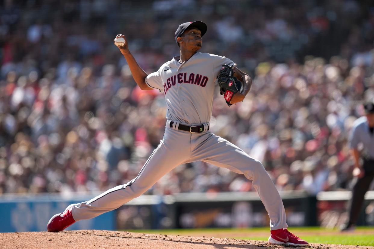 Cleveland Guardians pitcher Triston McKenzie (24) throws against the Detroit Tigers in the third inning of a baseball game, Saturday, Sept. 30, 2023, in Detroit. (AP Photo/Paul Sancya)
