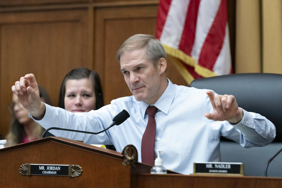 FILE - Chairman of the House Judiciary Committee Rep. Jim Jordan, R-Ohio, speaks during a hearing on Capitol Hill in Washington, June 21, 2023. The Republican chairmen of three key House committees are joining forces to probe the Justice Department's handling of charges against Hunter Biden after making sweeping claims about misconduct at the agency. (AP Photo/Jose Luis Magana, File)