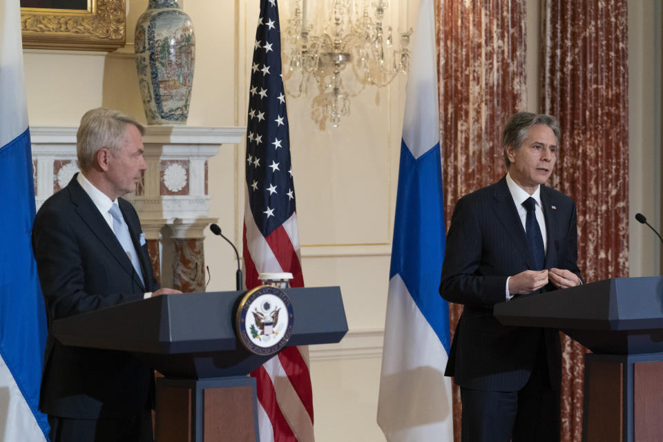 Secretary of State Antony Blinken, right, speaks during a news availability with Finland's Foreign Minister Pekka Haavisto after their meeting at the State Department, Friday, May 27, 2022, in Washington. (AP Photo/Alex Brandon)