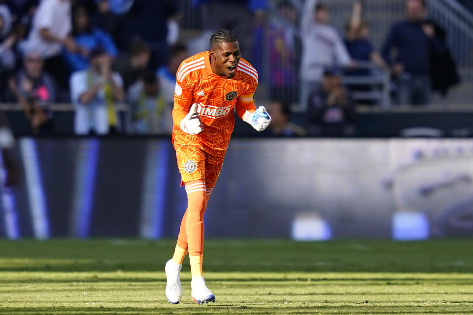 Philadelphia Union's Andre Blake celebrates after an MLS soccer match against the Toronto FC, Sunday, Oct. 9, 2022, in Chester, Pa. (AP Photo/Matt Slocum)