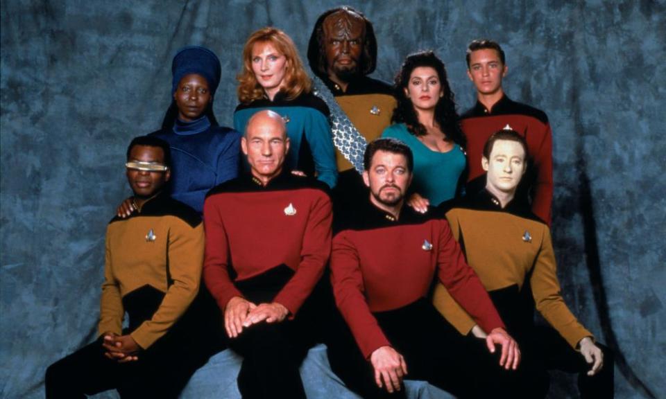 From left, front row: LeVar Burton, Patrick Stewart, Jonathan Frakes, Brent Spiner. From left, back row: Whoopi Goldberg, Gates McFadden, Michael Dorn, Marina Sirtis and Wil Wheaton.