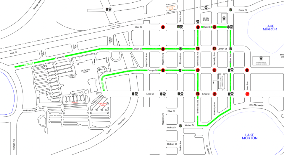 Lakeland officials have shortened the modified route for the city's 42 annual Christmas Parade, shown above in bright green, due to anticipated expenses of safeguarding Lake Morton and public safety concerns raised for the city's beloved swans.