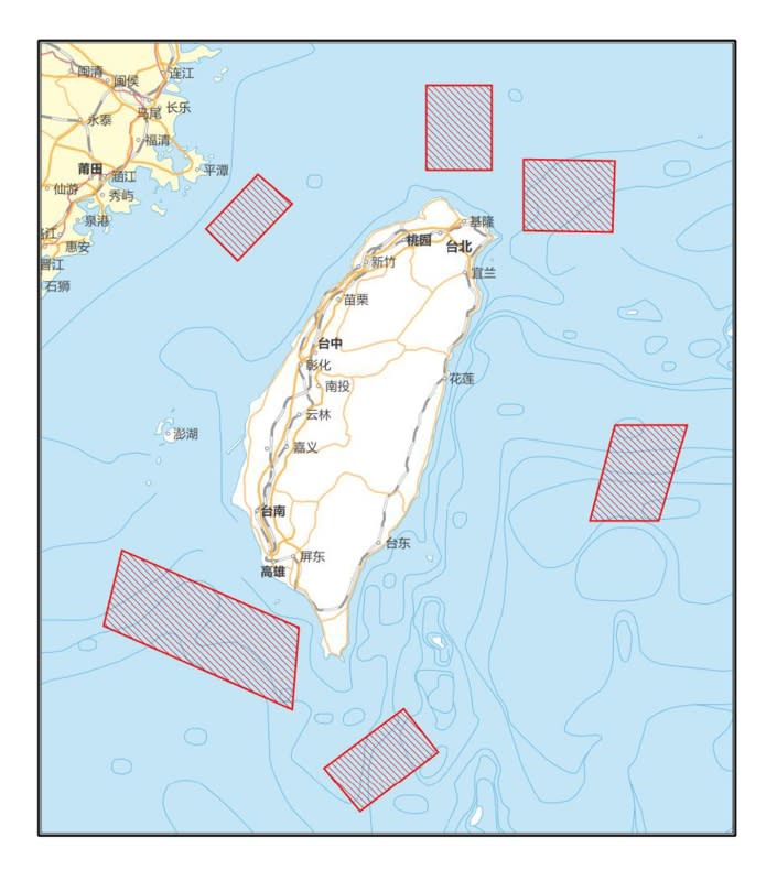 共軍在台灣六區域形成包圍網。（圖／翻攝自SCS Probing Initiative推特）