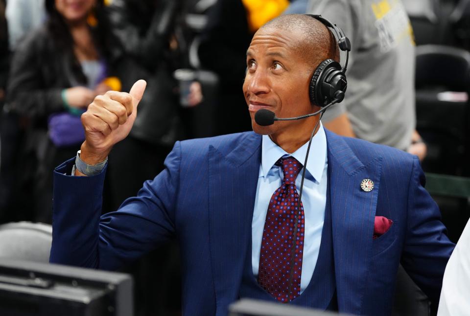 American former professional basketball player Reggie Miller reacts after the game between the LA Clippers against the Denver Nuggets at Ball Arena.