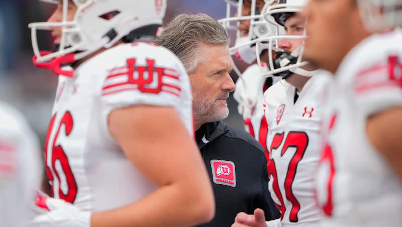 Utah head coach Kyle Whittingham looks on as players leave the field after warmups before an NCAA college football game against Washington, Saturday, Nov. 11, 2023, in Seattle. (AP Photo/Lindsey Wasson)