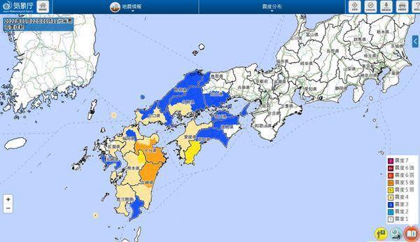 日本九州宮崎縣東側海域（日向灘）當地時間22日凌晨1時08分發生地震。（翻攝自日本氣象廳）