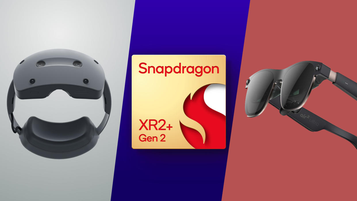  The new Sony enterprise XR headset, the Snapdragon XR2+ Gen 2 headset, and Xreal Air 2 Ultra AR glasses all next to each other. 