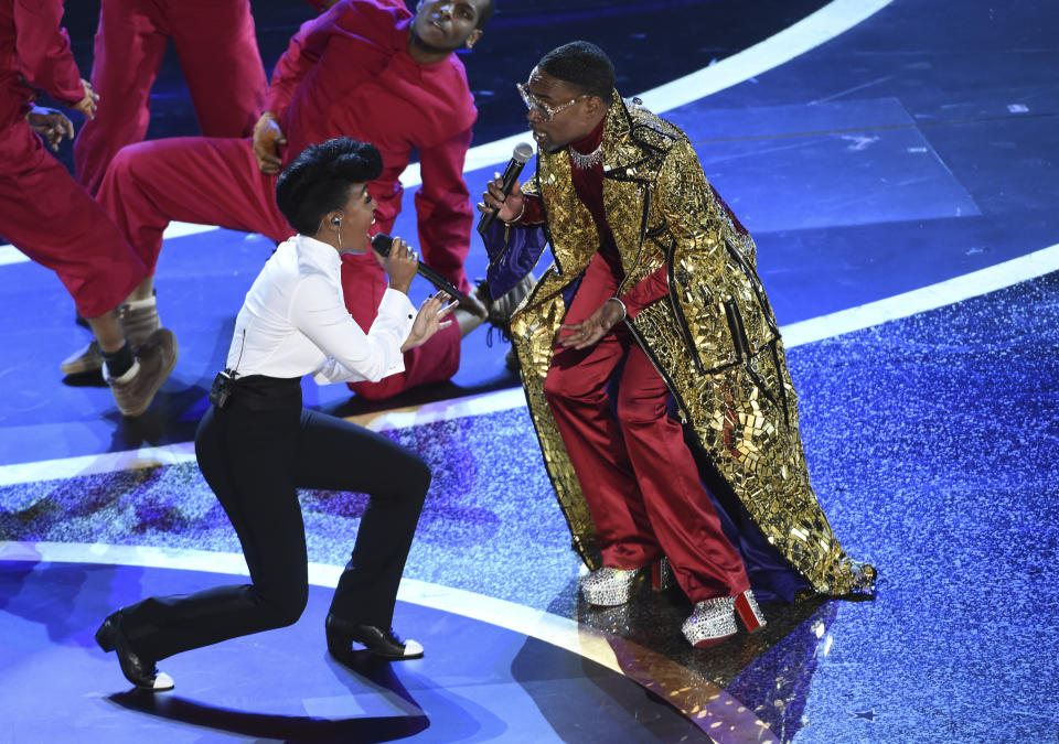 Janelle Monae, left, and Billy Porter perform onstage at the Oscars on Sunday, Feb. 9, 2020, at the Dolby Theatre in Los Angeles. (AP Photo/Chris Pizzello)