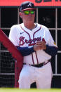 Atlanta Braves manager Brian Snitker watches from the dugout steps during a baseball game against the Arizona Diamondbacks Sunday, April 7, 2024, in Atlanta. (AP Photo/John Bazemore)