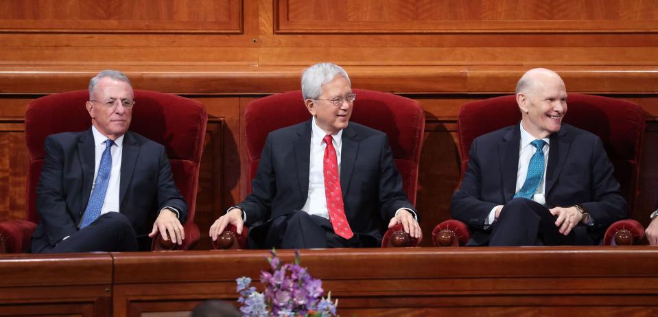 Elder Ulisses Soares, Elder Gerrit W. Gong and Elder Dale G. Renlund wait for the beginning of the 193rd Semiannual General Conference of The Church of Jesus Christ of Latter-day Saints at the Conference Center in Salt Lake City on Saturday, Sept. 30, 2023. | Jeffrey D. Allred, Deseret News