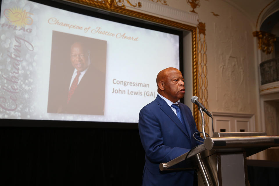Rep. John Lewis (D-Ga.) accepts the PFLAG National Champion of Justice Award at the organization's 45th anniversary celebration in Washington, D.C., on May 9. (Photo: Courtesy of PFLAG)