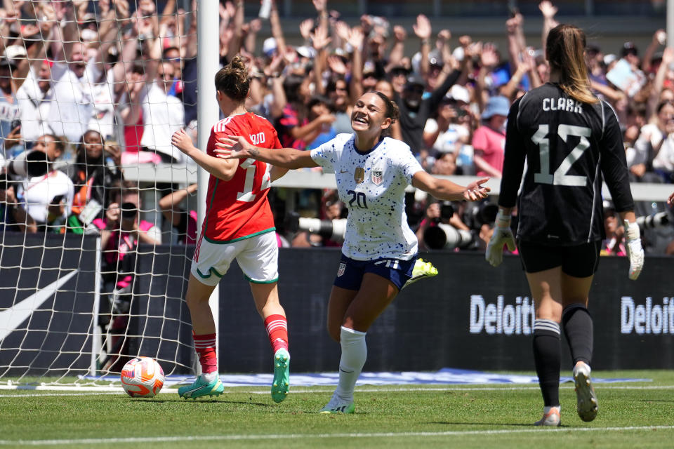 SAN JOSE, CALIFORNIA - JULY 09: Trinity Rodman #20 of the United States celebrates scoring during the second half of an international friendly against Wales at PayPal Park on July 09, 2023 in San Jose, California. (Photo by Brad Smith/USSF/Getty Images for USSF)