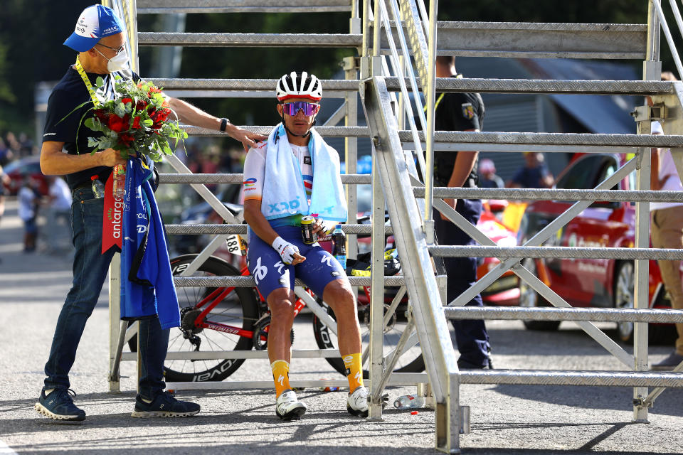 CHÂTEL - LES PORTES DU SOLEIL, FRANCE - JULY 10: Alexis Vuillermoz of France and Team Total Energies reacts after the 109th Tour de France 2022, Stage 9 a 192,9km stage from Aigle to Châtel les portes du Soleil 1299m / #TDF2022 / #WorldTour / on July 10, 2022 in Châtel les portes du Soleil, France. (Photo by Michael Steele/Getty Images)