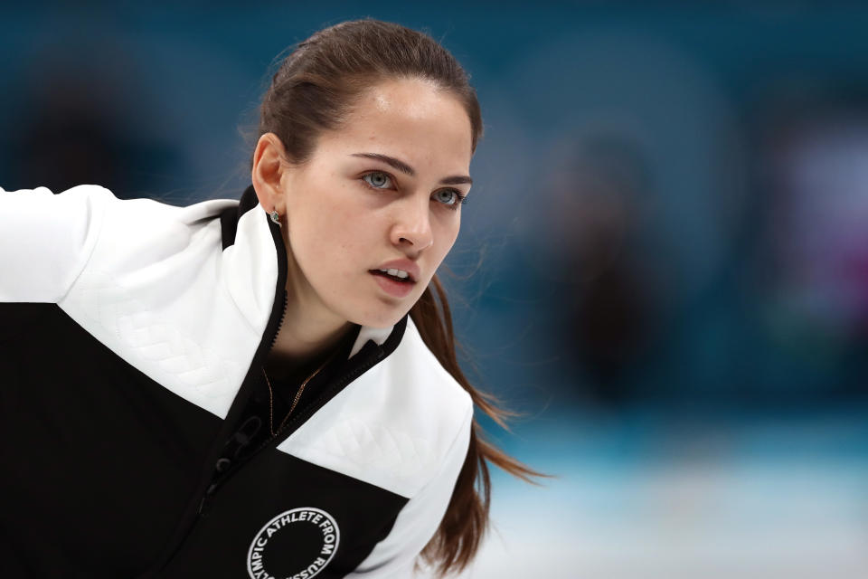 <p>Anastasia Bryzgalova of Olympic Athletes from Russia delivers a stone against Norway during the Curling Mixed Doubles Bronze Medal Game on day four of the PyeongChang 2018 Winter Olympic Games at Gangneung Curling Centre on February 13, 2018 in Gangneung, South Korea. (Photo by Ronald Martinez/Getty Images) </p>