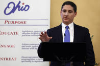 Josh Mandel, a Republican former Ohio treasurer running for an open U.S. Senate seat in Ohio, speaks during a debate against Morgan Harper, a progressive Democrat, Thursday, Jan. 27, 2022, in Columbus, Ohio. (AP Photo/Jay LaPrete)