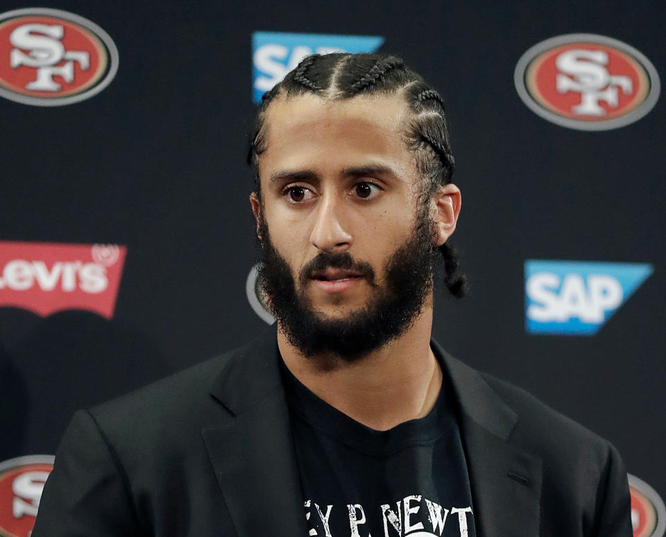 Colin Kaepernick is still looking for a job in the NFL. (AP Photo/Marcio Jose Sanchez, File)