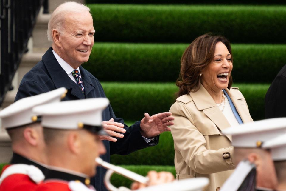 President Joe Biden and Vice President Kamala Harris, applauding during the White House Easter egg roll in April, might have a smooth handoff for the presidential nomination because of Biden's quick endorsement.