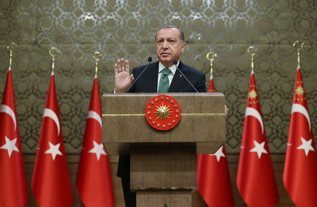 Turkish President Tayyip Erdogan speaks during his meeting with mukhtars at the Presidential Palace in Ankara, Turkey, August 22, 2017. Murat Cetinmuhurdar/Presidential Palace/Handout via REUTERS ATTENTION EDITORS - THIS IMAGE HAS BEEN SUPPLIED BY A THIRD PARTY. NO RESALES. NO ARCHIVES