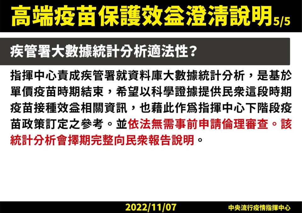 王必勝在記者會澄清關於高端保護效益審查的5點質疑。（指揮中心提供）