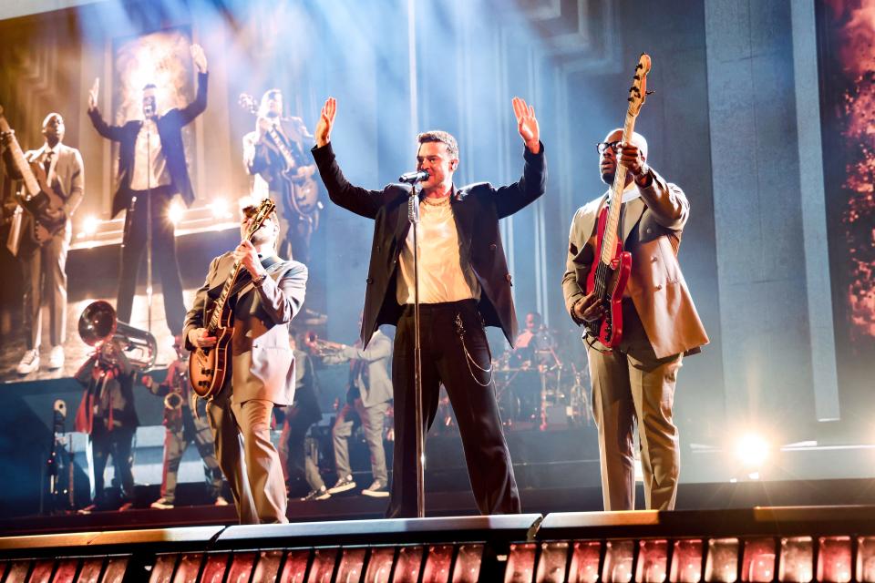 Justin Timberlake and his band - shown at an April 2024 show in Vancouver - roll through his extensive hit list as well as new songs on his current tour.