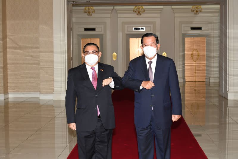 Myanmar's military-appointed Foreign Minister Wunna Maung Lwin meets Cambodia's Prime Minister Hun Sen at the Peace Palace in Phnom Penh