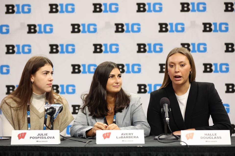 Badgers players  Julie Pospisilova, Avery LaBarbera and Halle Douglass attended the Big Ten basketball media day Wednesday.
