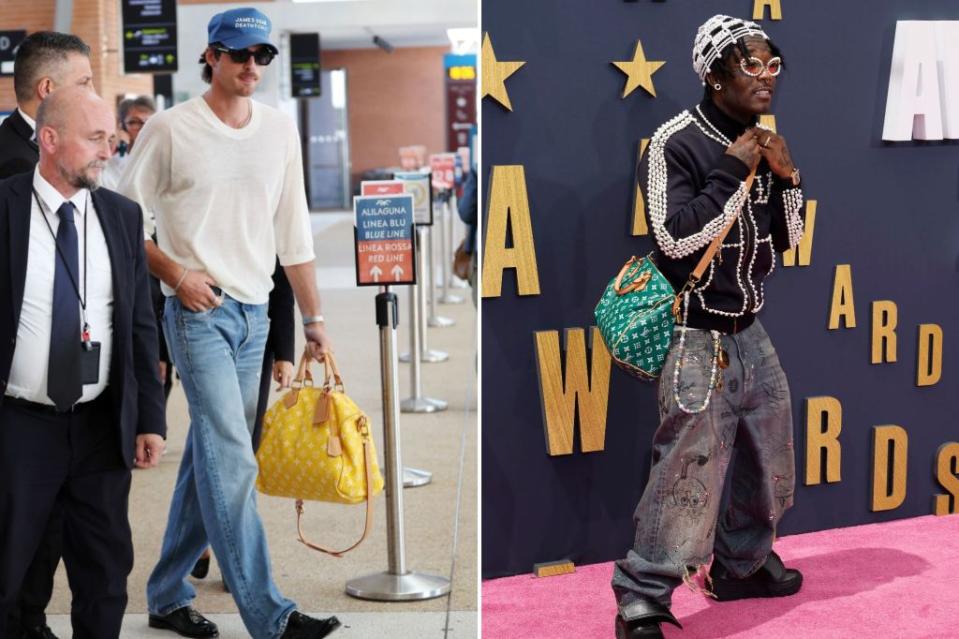 “Saltburn” star Jacob Elordi takes his Speedy on a spin to the Venice International Film Festival (left) and rapper Lil Uzi Vert shows off his green edition on the pink carpet before the 2023 BET Awards. Cobra Team/Backgrid; Getty Images