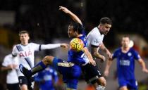 Football Soccer - Tottenham Hotspur v Leicester City - Barclays Premier League - White Hart Lane - 13/1/16 Leicester City's Shinji Okazaki in action with Tottenham's Kyle Walker Reuters / Dylan Martinez Livepic